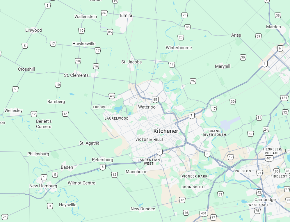 Map of physiotherapy coverage area: Kitchener, Waterloo, Cambridge and surrounding areas