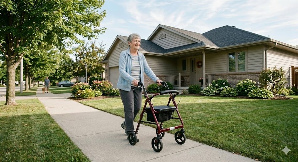Senior walking confidently outdoors after in-home physiotherapy rehabilitation
